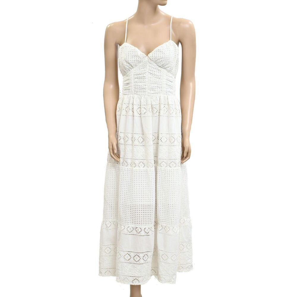 Sezane Floral Eyelet Embroidered Sleeveless Long Maxi Dress Cotton M New 280462